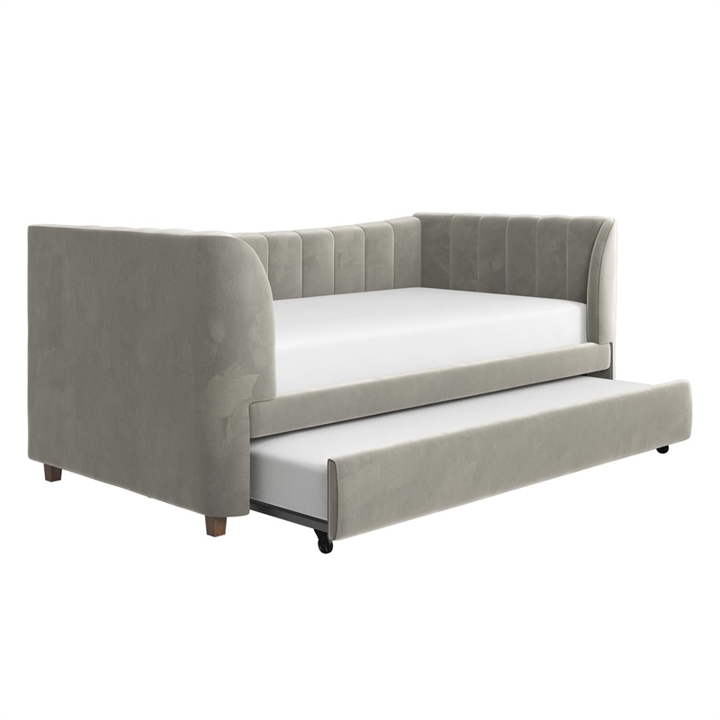 Little Seeds Valentina Upholstered Twin Daybed with Trundle in Gray Velvet