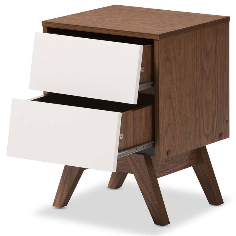 Maklaine 2 Drawer Nightstand in White and Walnut Brown