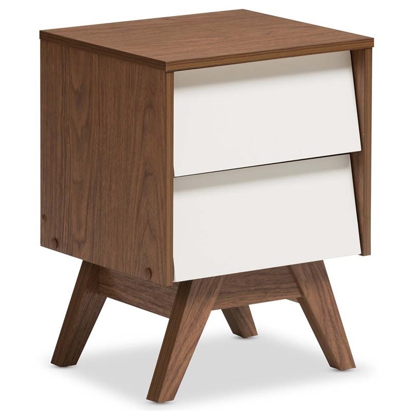 Maklaine 2 Drawer Nightstand in White and Walnut Brown