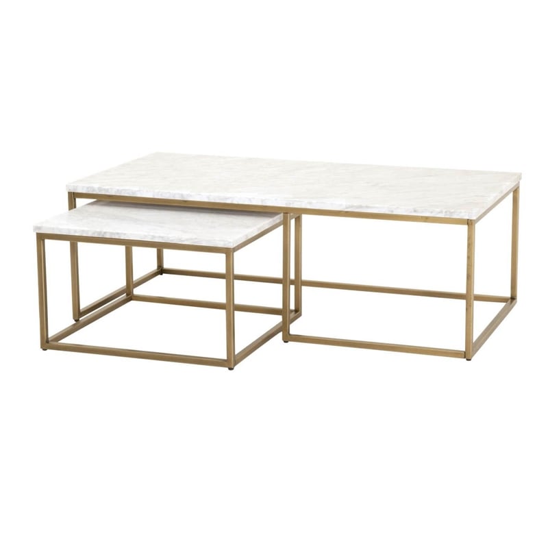 Maklaine 2 Piece Marble Top Nesting Coffee Table in White and Gold