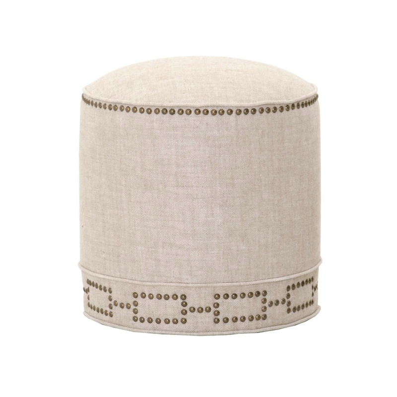 Maklaine Linen Bisque Ottoman Round Nailhead Detail 18.5