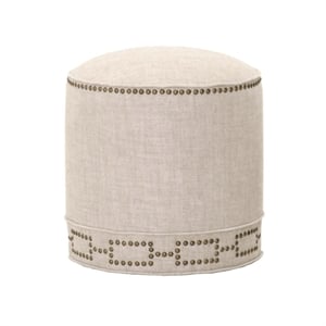 Maklaine Linen Bisque Ottoman Round Nailhead Detail 18.5&quot Assembled