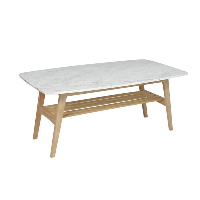 Maklaine Italian Carrara Marble White and Oak Coffee Table Rectangular Minimal Assembly Required