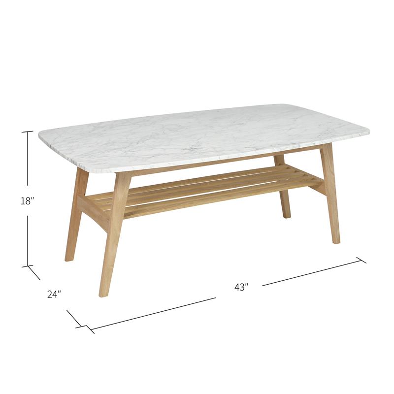 Maklaine Italian Carrara Marble White and Oak Coffee Table Rectangular Minimal Assembly Required