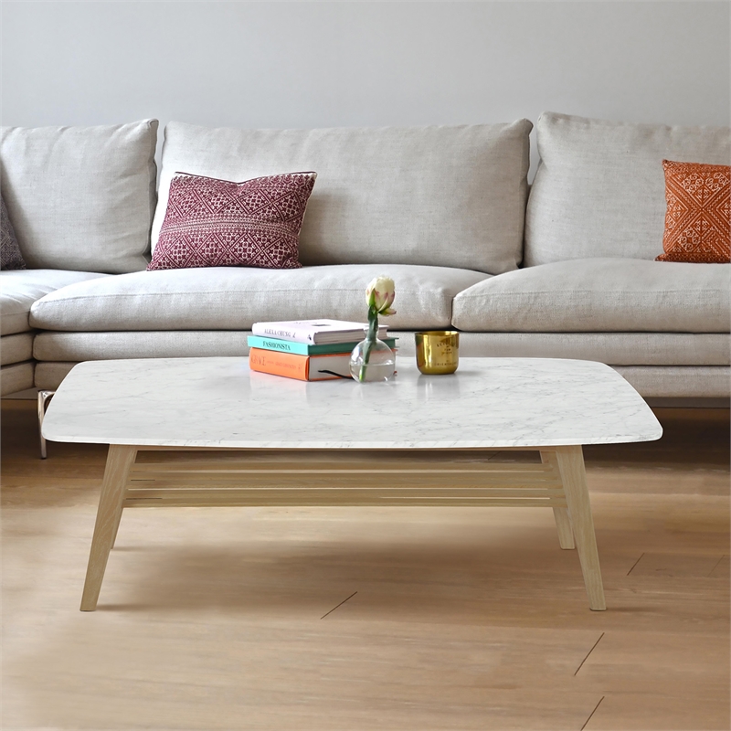 Maklaine Italian Carrara Marble White and Oak Coffee Table Rectangular Minimal Assembly Required