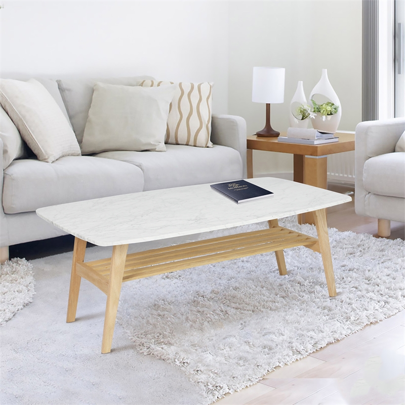 Maklaine Italian Carrara Marble White and Oak Coffee Table Rectangular Minimal Assembly Required