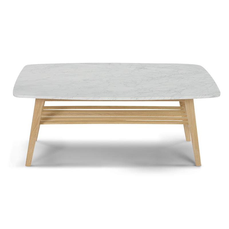 Maklaine Italian Carrara Marble White and Oak Coffee Table Rectangular Minimal Assembly Required