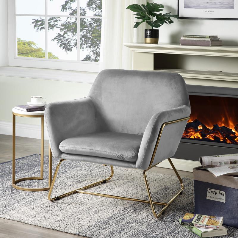 Maklaine Velvet Accent Arm Chair with Metal Base in Gray