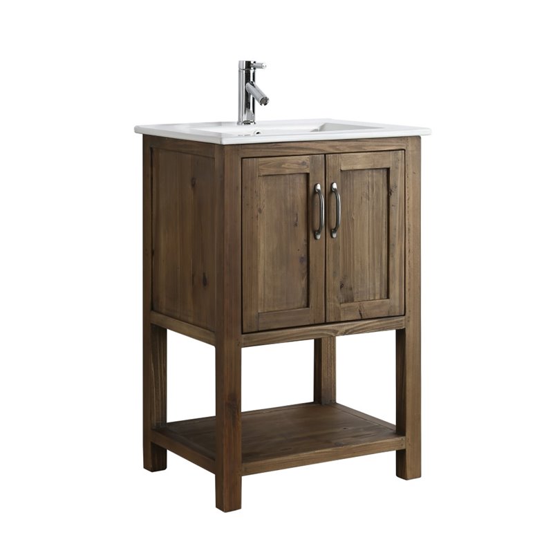 Maklaine Reclaimed Wood Walnut Single Sink Vanity Rectangular Soft Close Doors 24