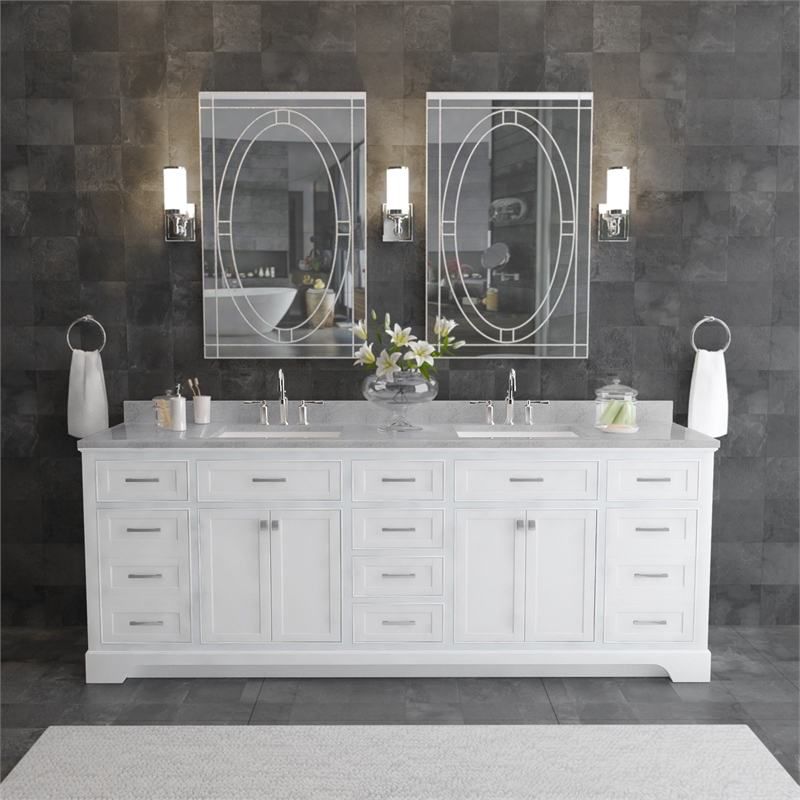 Maklaine Solid Birch Hardwood White Double Vanity Rectangular Soft Close Doors 84