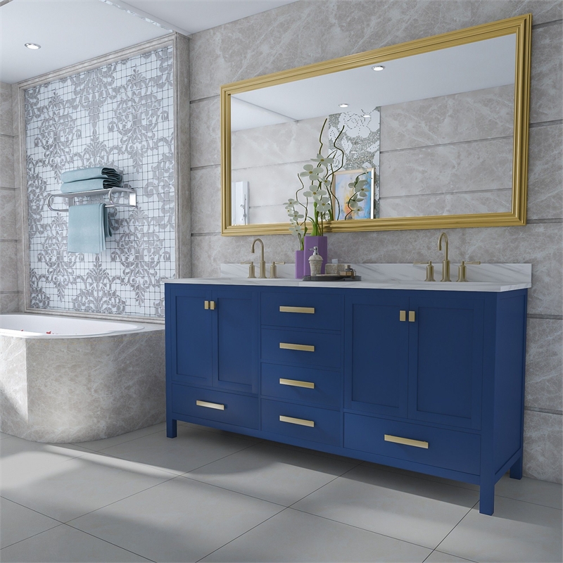 Maklaine Birch Hardwood Blue Double Vanity Rectangular 72