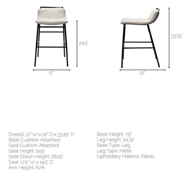 Maklaine Fabric Cream Metal Counter Stool Rectangular Low Back