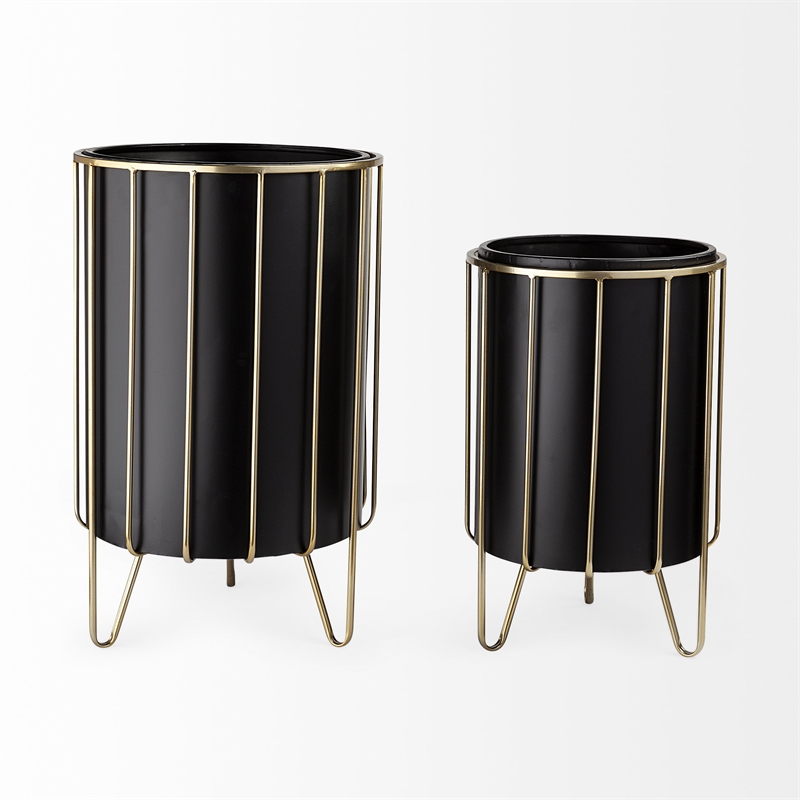 Maklaine Metal Industrial Styled Planters in Black (Set of 2)
