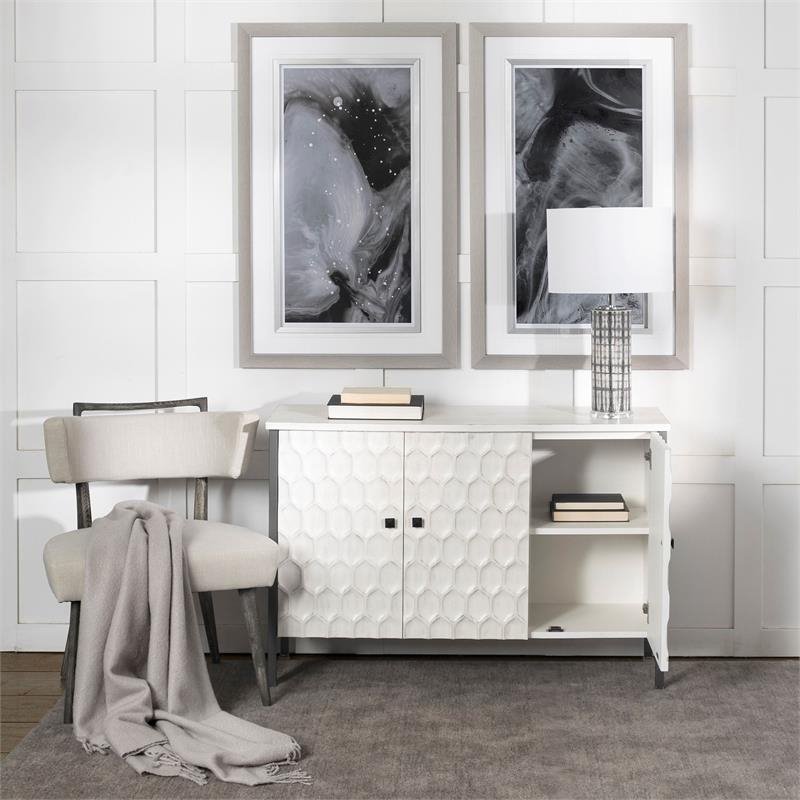 Maklaine Wood & Iron 3 Door Cabinet in White
