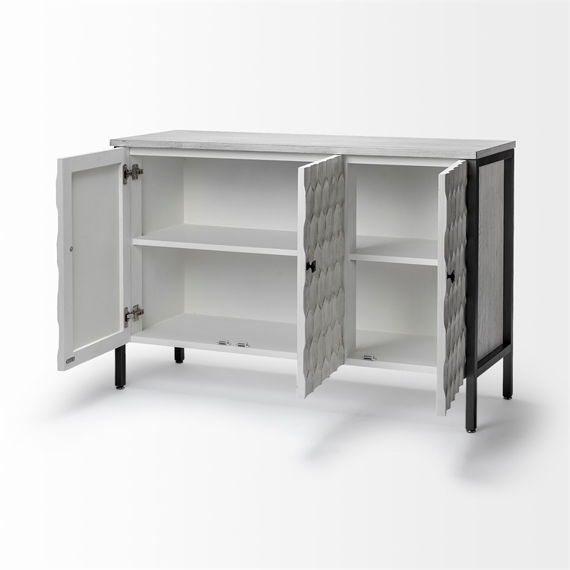 Maklaine Wood & Iron 3 Door Cabinet in White
