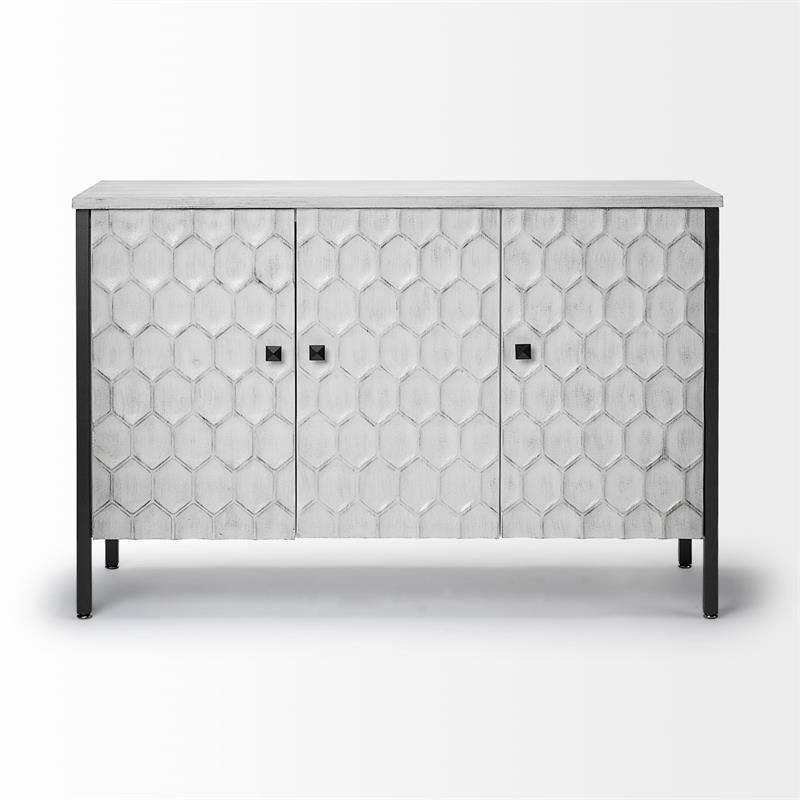 Maklaine Wood & Iron 3 Door Cabinet in White
