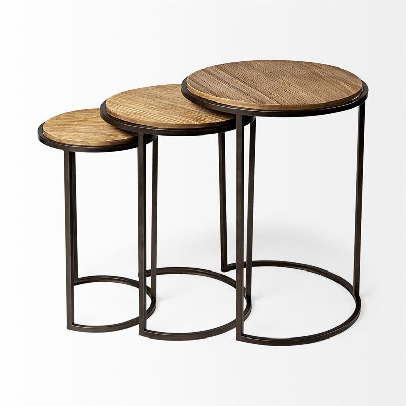 Maklaine Round Top Wood & Iron Nesting Tables in Brown (Set of 3)