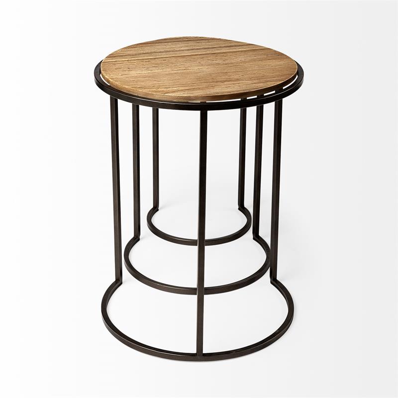 Maklaine Round Top Wood & Iron Nesting Tables in Brown (Set of 3)