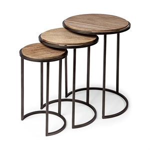 Maklaine Round Top Wood & Iron Nesting Tables in Brown (Set of 3)