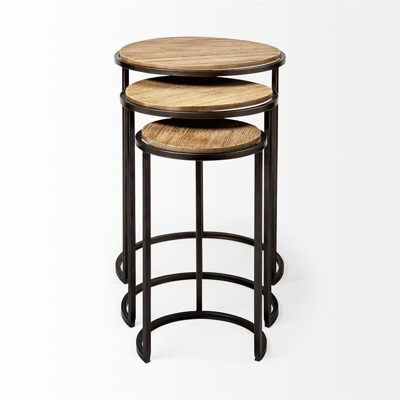 Maklaine Round Top Wood & Iron Nesting Tables in Brown (Set of 3)