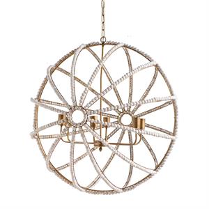 Maklaine 34&quot Wood Beaded 6 Bulb Chandelier in White and Gold