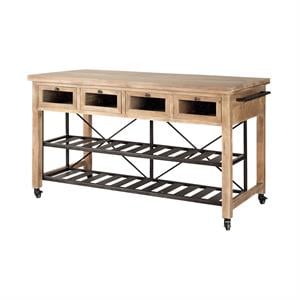 Maklaine Solid Wood Brown Kitchen Island Rectangular Rolling 60&quot x 28&quot Assembled