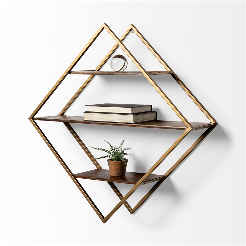 Maklaine Diamond Shape Wall Mounted Metal Frame Wall Shelves in Brown