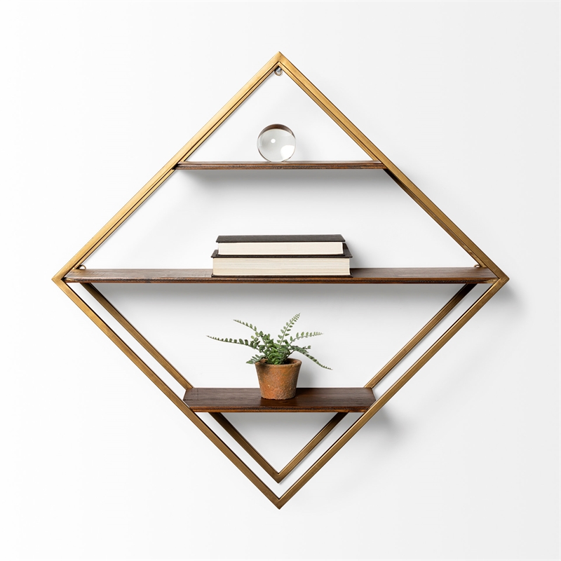 Maklaine Diamond Shape Wall Mounted Metal Frame Wall Shelves in Brown