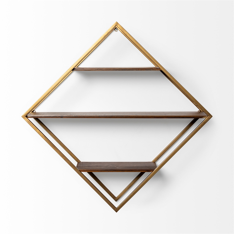 Maklaine Diamond Shape Wall Mounted Metal Frame Wall Shelves in Brown