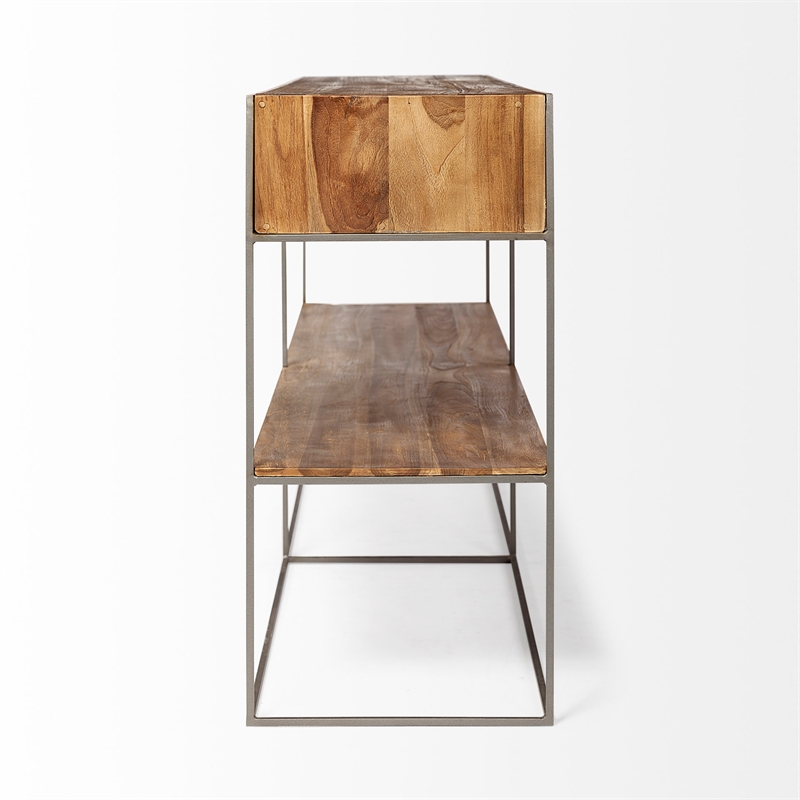 Maklaine Metal Frame 2 Drawer Sideboard in Brown and Silver