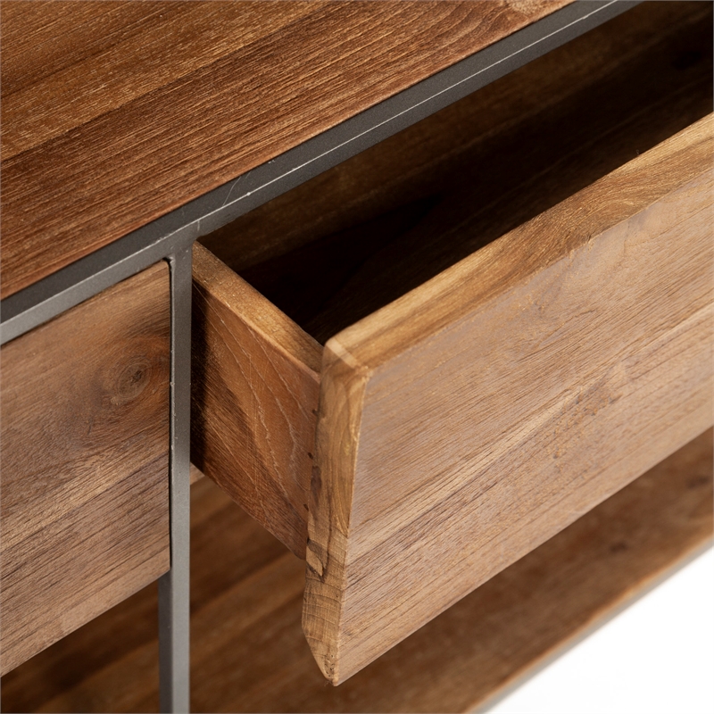 Maklaine Metal Frame 2 Drawer Sideboard in Brown and Silver
