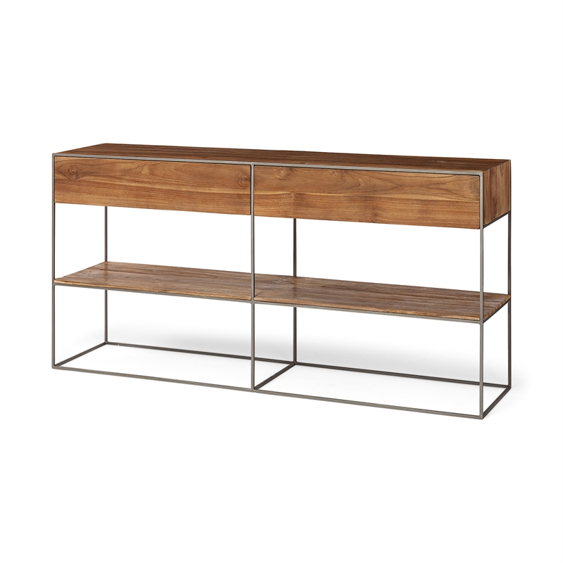 Maklaine Metal Frame 2 Drawer Sideboard in Brown and Silver