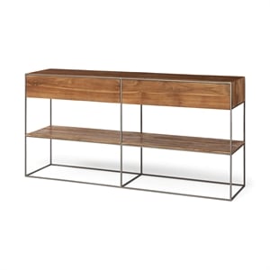 Maklaine Metal Frame 2 Drawer Sideboard in Brown and Silver