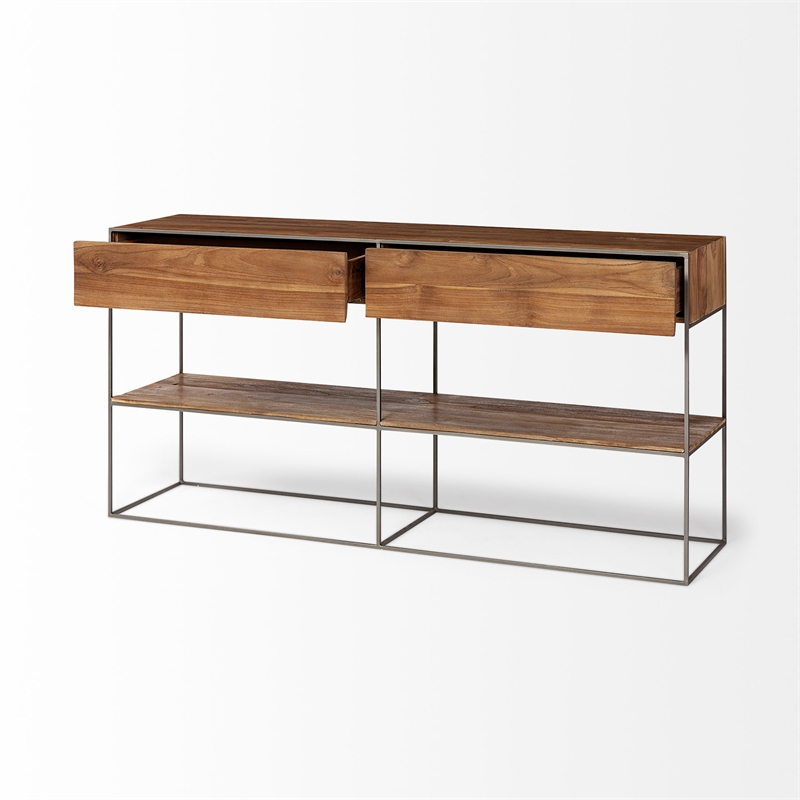Maklaine Metal Frame 2 Drawer Sideboard in Brown and Silver
