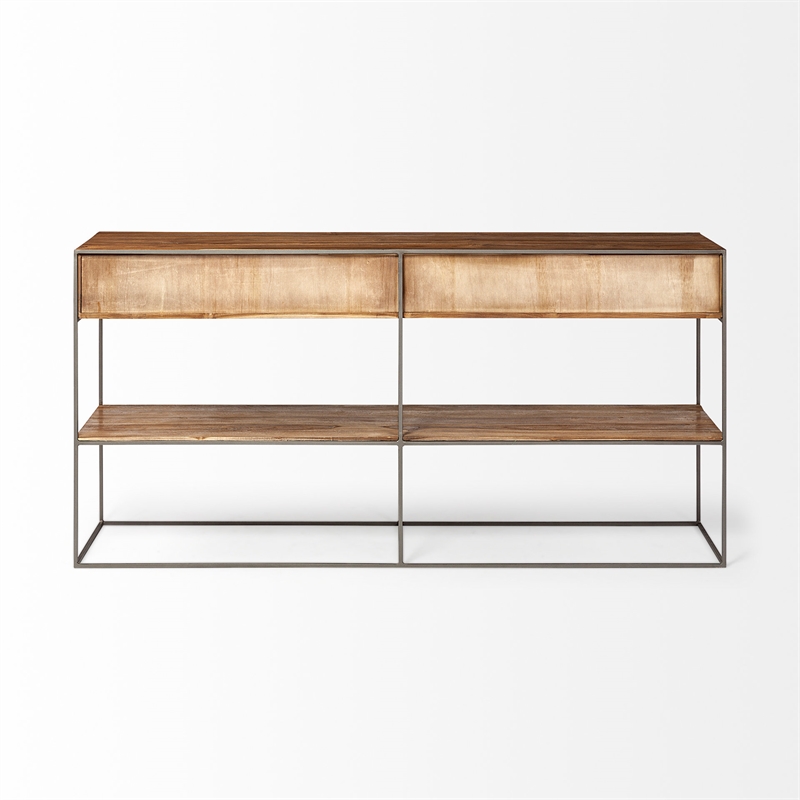 Maklaine Metal Frame 2 Drawer Sideboard in Brown and Silver