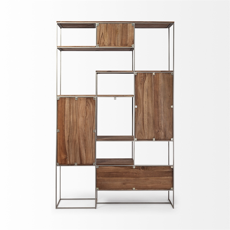 Maklaine Metal Frame 6 Shelf Shelving Unit in Brown and Silver
