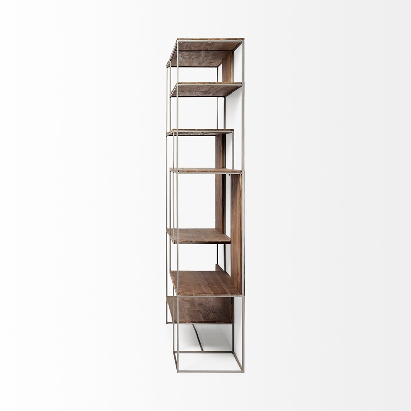 Maklaine Metal Frame 6 Shelf Shelving Unit in Brown and Silver