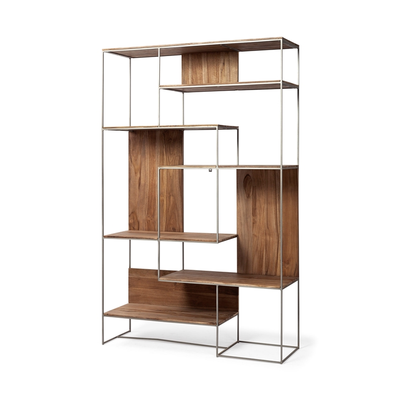 Maklaine Metal Frame 6 Shelf Shelving Unit in Brown and Silver