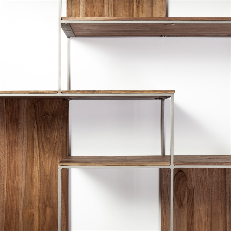 Maklaine Metal Frame 6 Shelf Shelving Unit in Brown and Silver