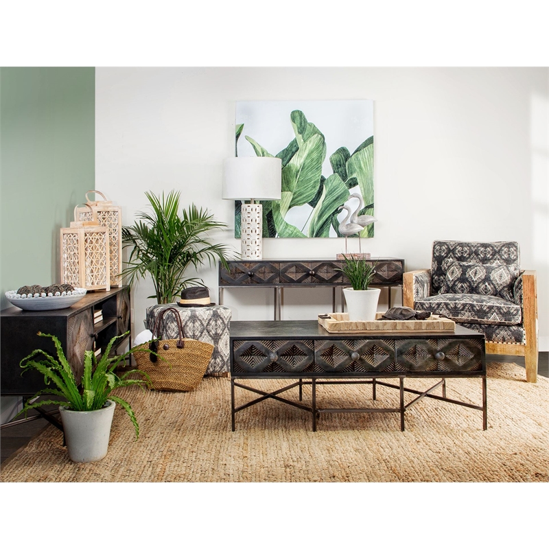 Maklaine Solid Wood Top Iron Metal Coffee Table in Brown