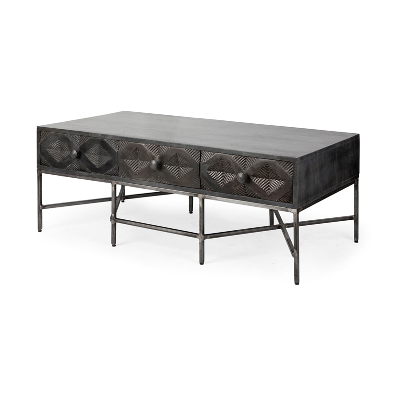 Maklaine Solid Wood Top Iron Metal Coffee Table in Brown