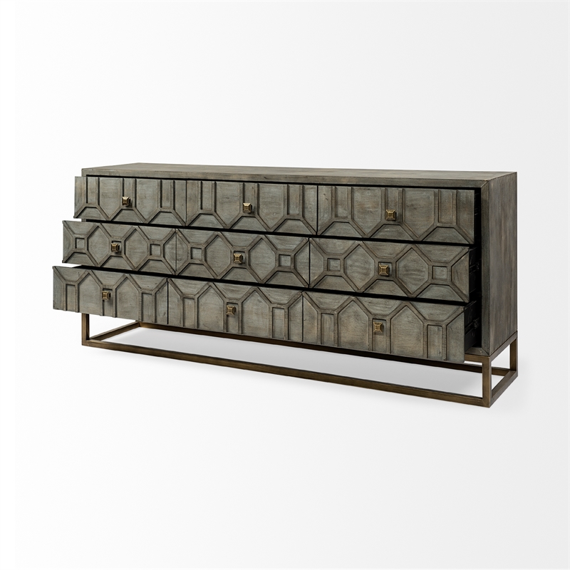 Maklaine Solid Wood with Metal Base Sideboard in Brown and Gold