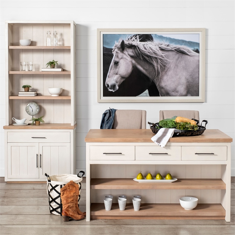 Maklaine Solid Wood Kitchen Island in White and Brown