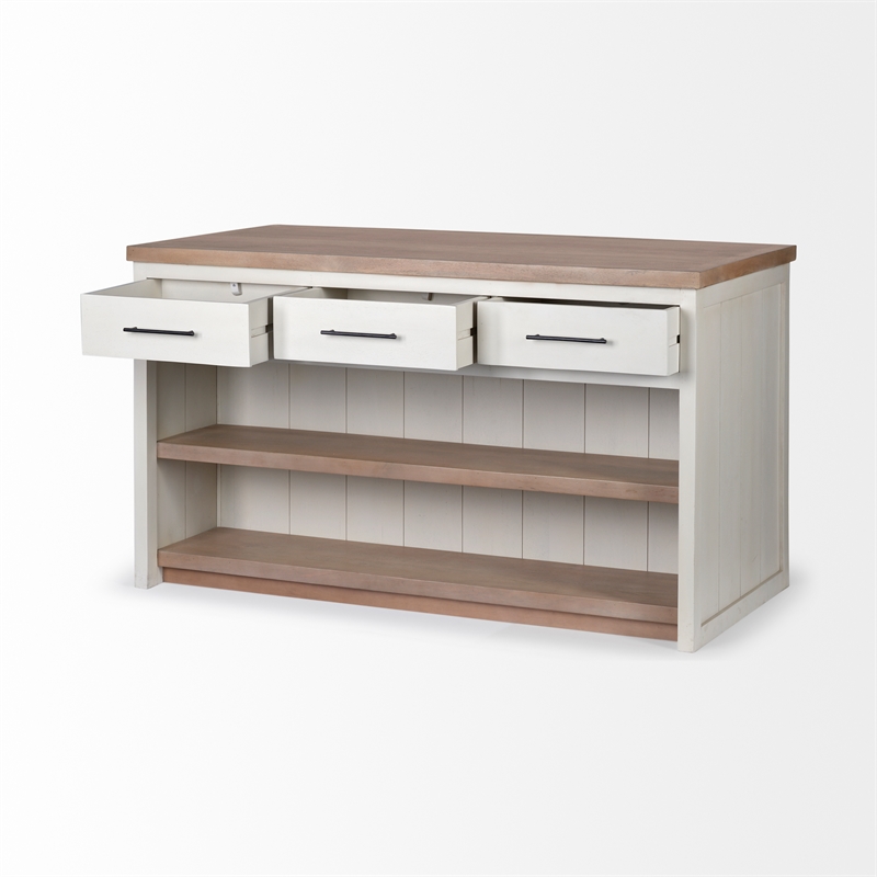 Maklaine Solid Wood Kitchen Island in White and Brown