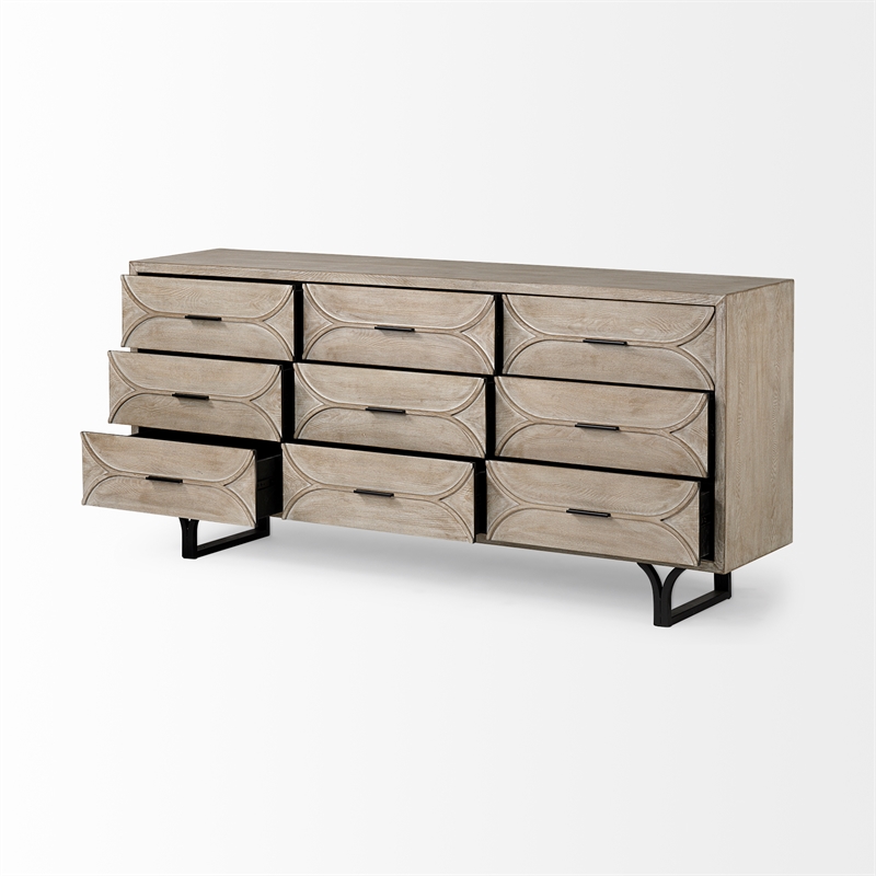 Maklaine Wood 9 Drawer Sideboard in Black and Brown