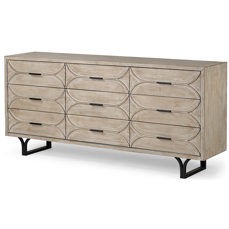 Maklaine Wood 9 Drawer Sideboard in Black and Brown