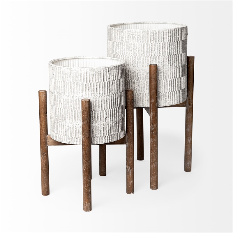 Maklaine Metal Wood Base Plant Stands in Eggshell White (Set of 2)