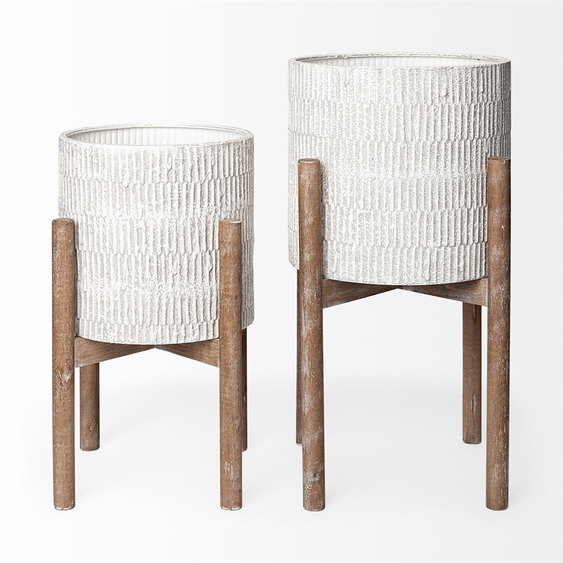 Maklaine Metal Wood Base Plant Stands in Eggshell White (Set of 2)