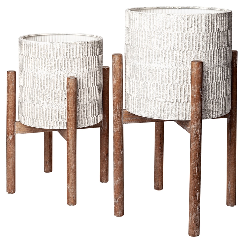 Maklaine Metal Wood Base Plant Stands in Eggshell White (Set of 2)
