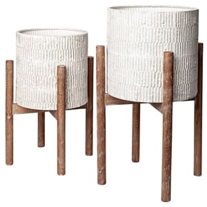 Maklaine Metal Wood Base Plant Stands in Eggshell White (Set of 2)